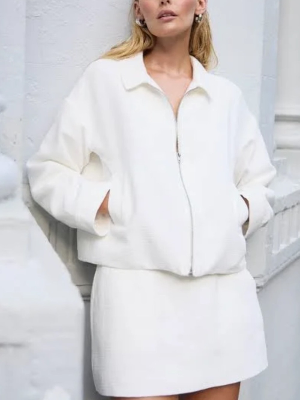 Women's White Zip-Front Jacket - Minimal Collar